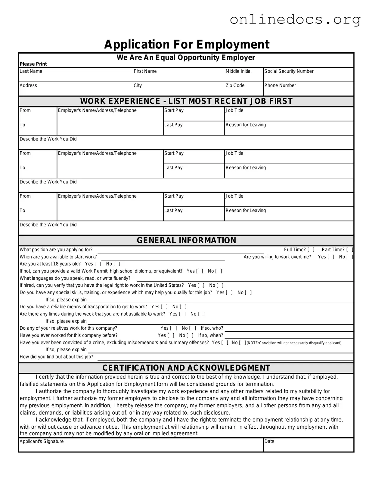 Spanish Application Employment PDF Form