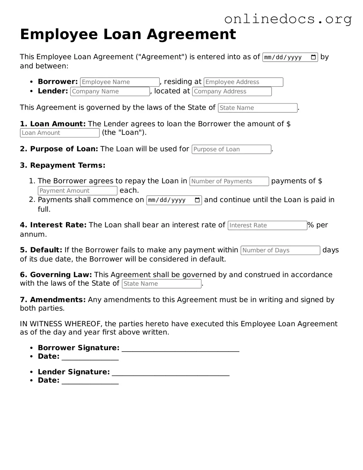 Printable Employee Loan Agreement Form