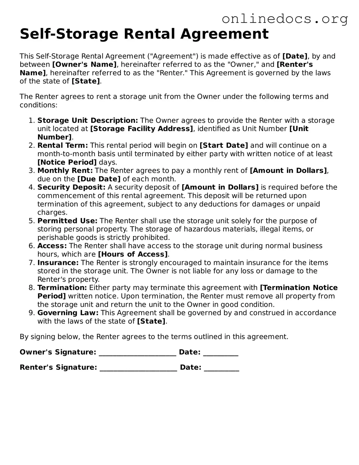 Printable Self-Storage Rental Agreement Form