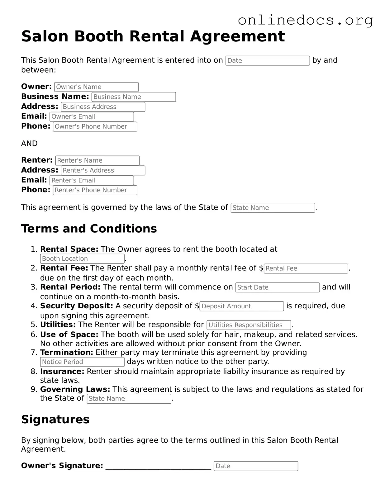Printable Salon Booth Rental Agreement Form