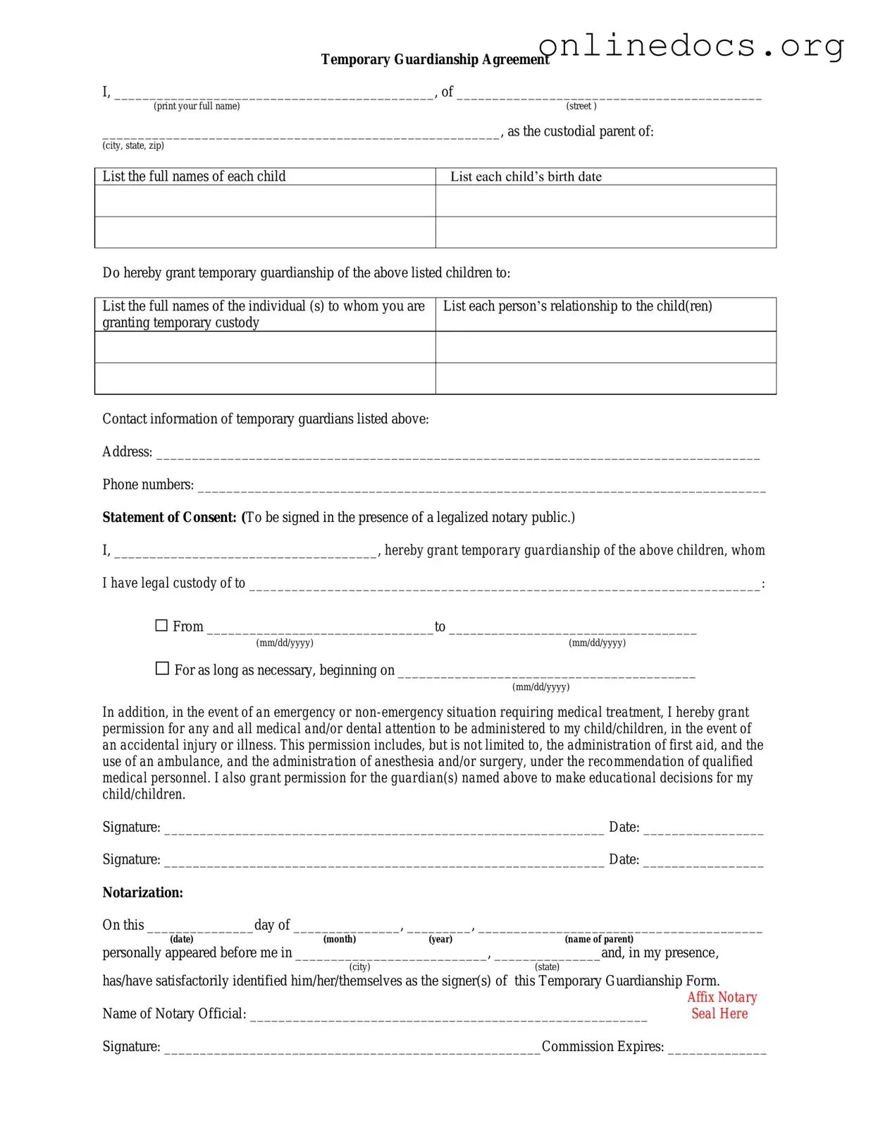 Temporary Custody PDF Form