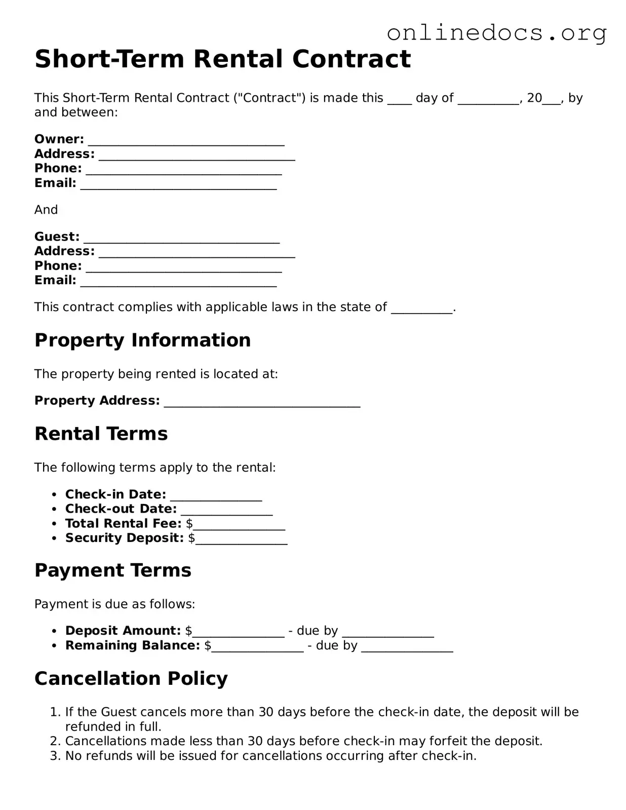 Printable Short-Term Rental Contract Form