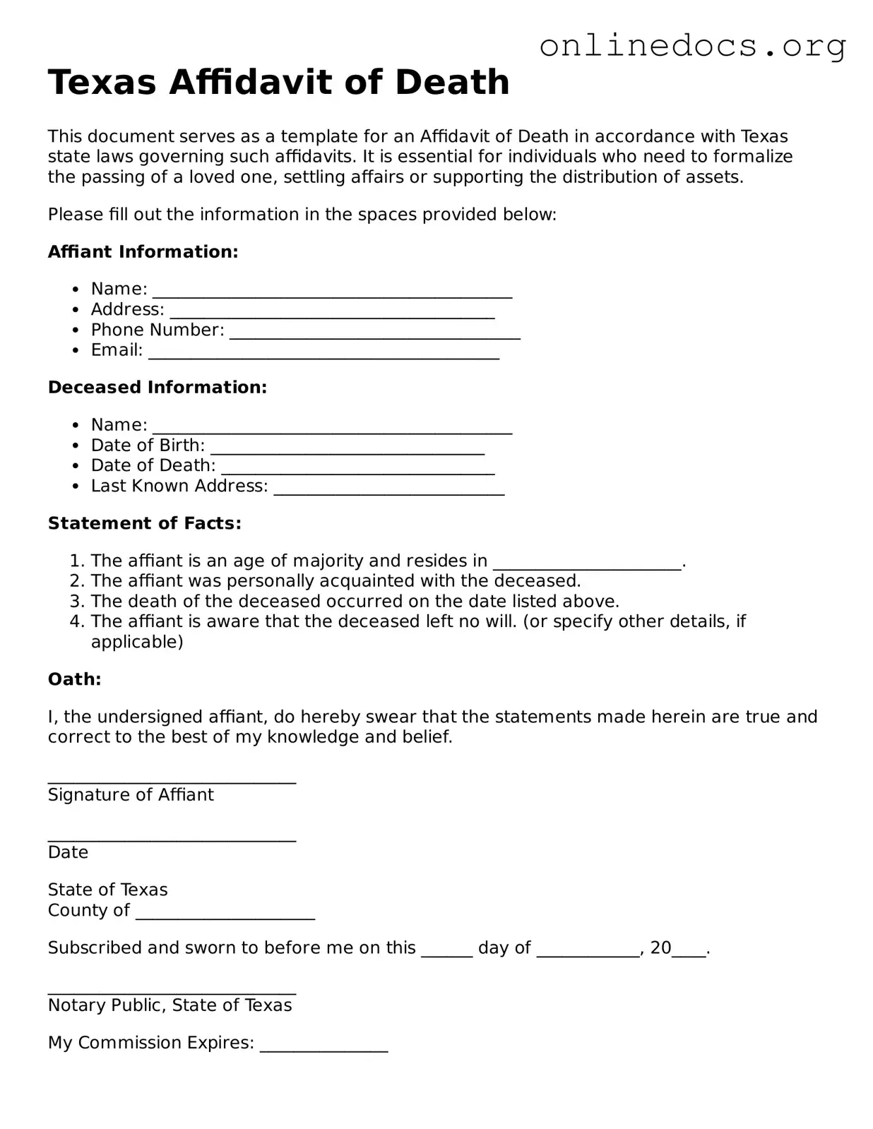Fillable  Affidavit of Death Form for Texas