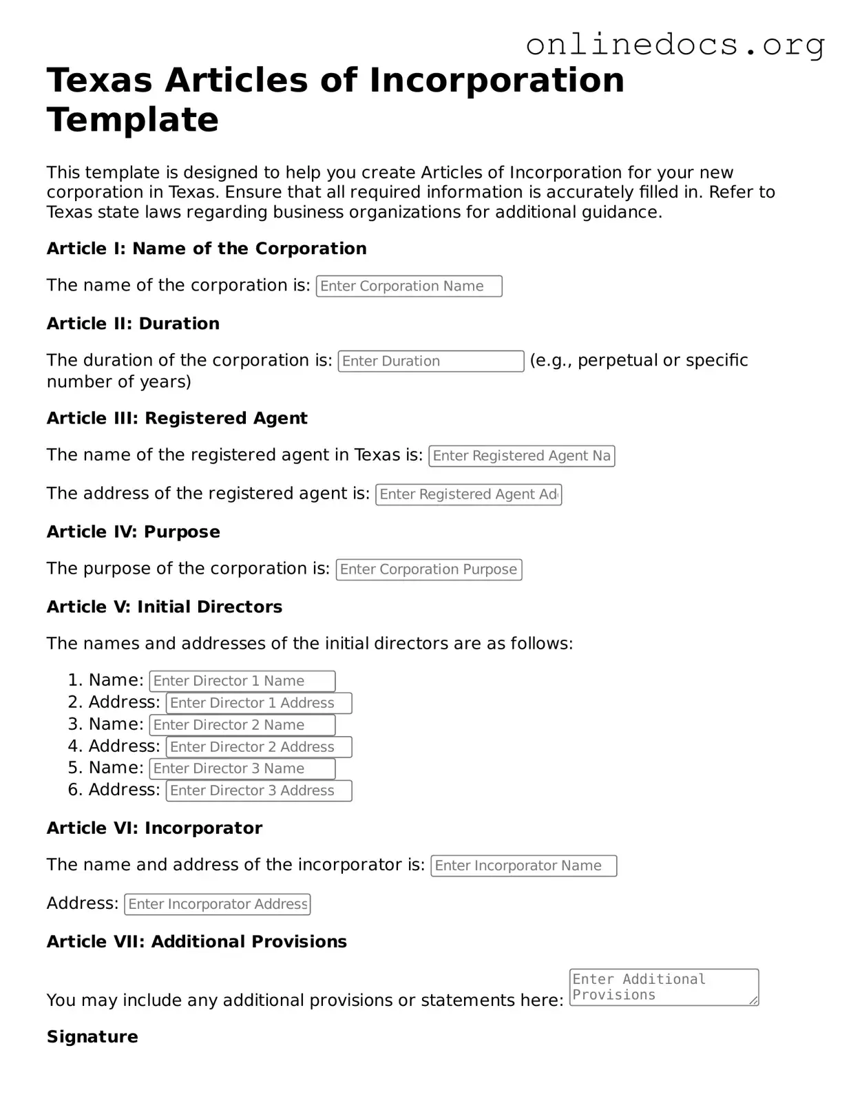 Fillable  Articles of Incorporation Form for Texas