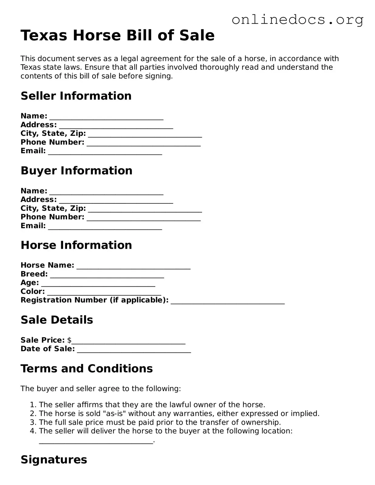 Fillable  Horse Bill of Sale Form for Texas