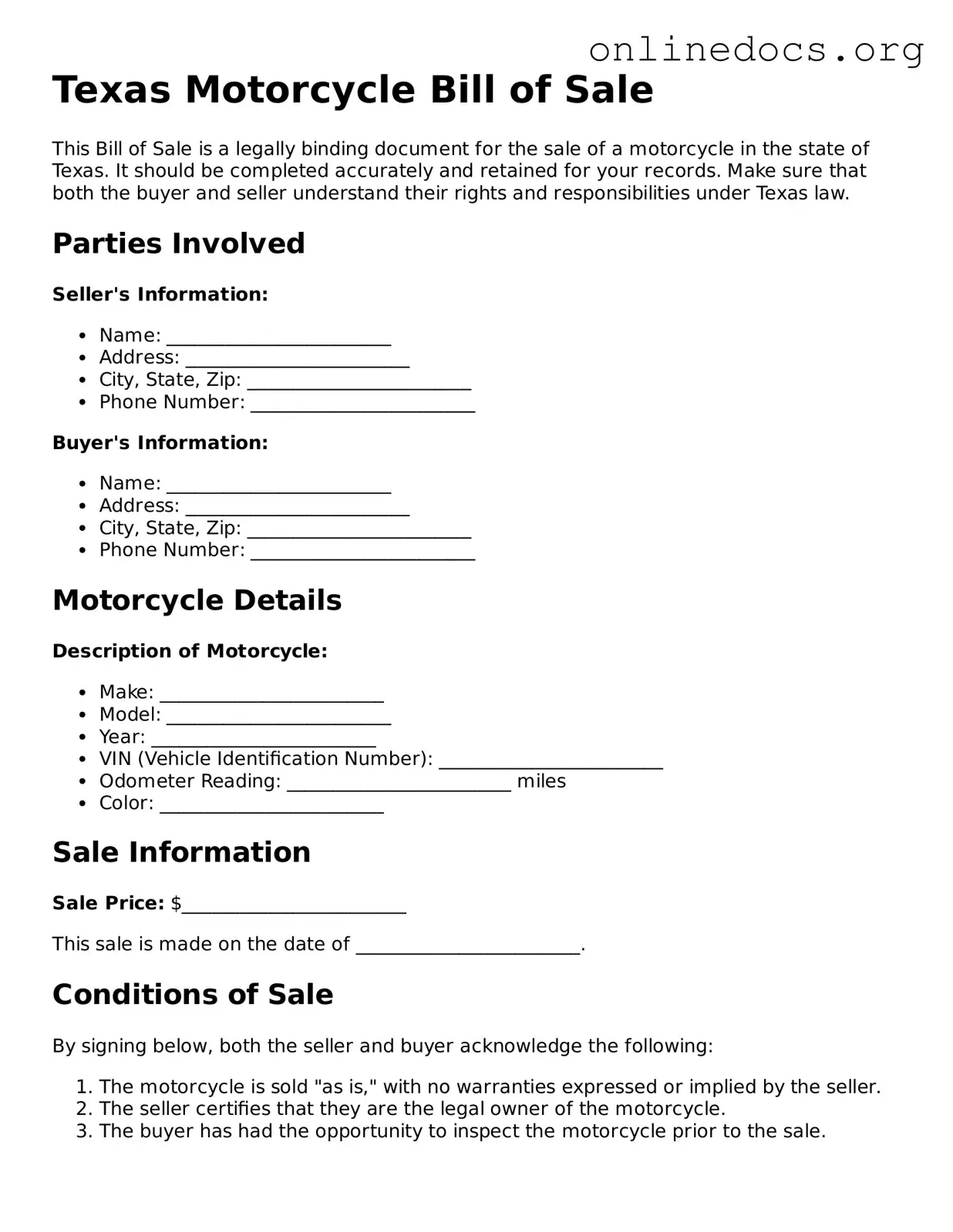 Fillable  Motorcycle Bill of Sale Form for Texas
