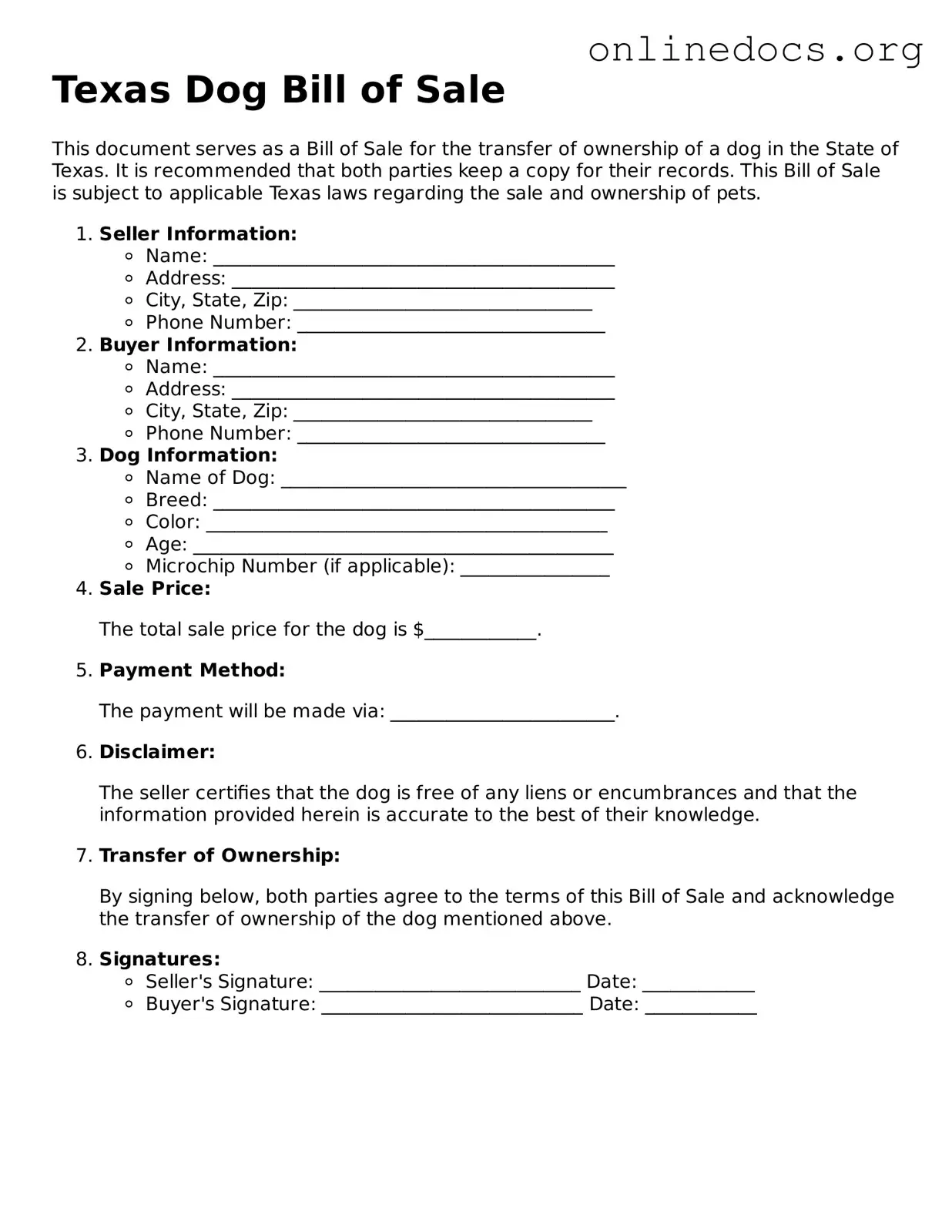 Fillable  Dog Bill of Sale Form for Texas