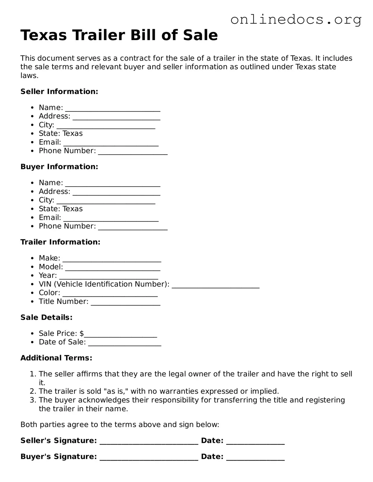 Fillable  Trailer Bill of Sale Form for Texas