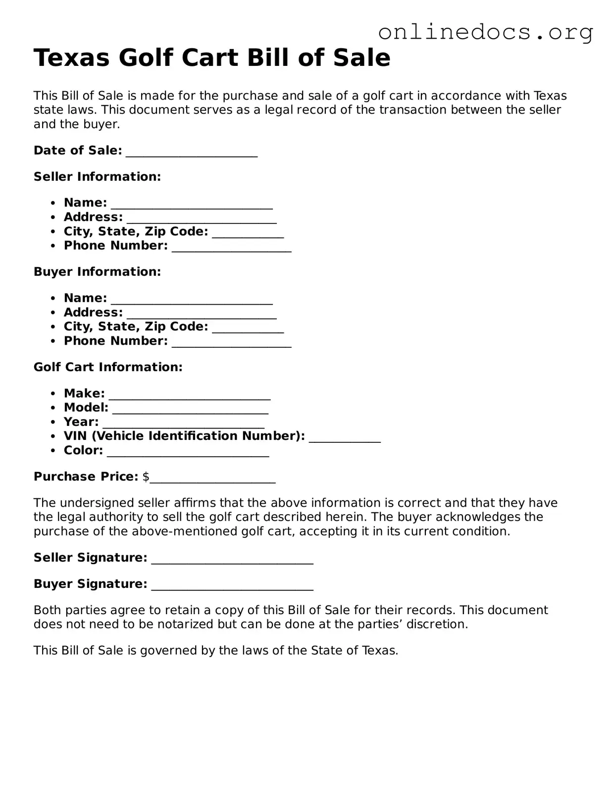 Fillable  Golf Cart Bill of Sale Form for Texas