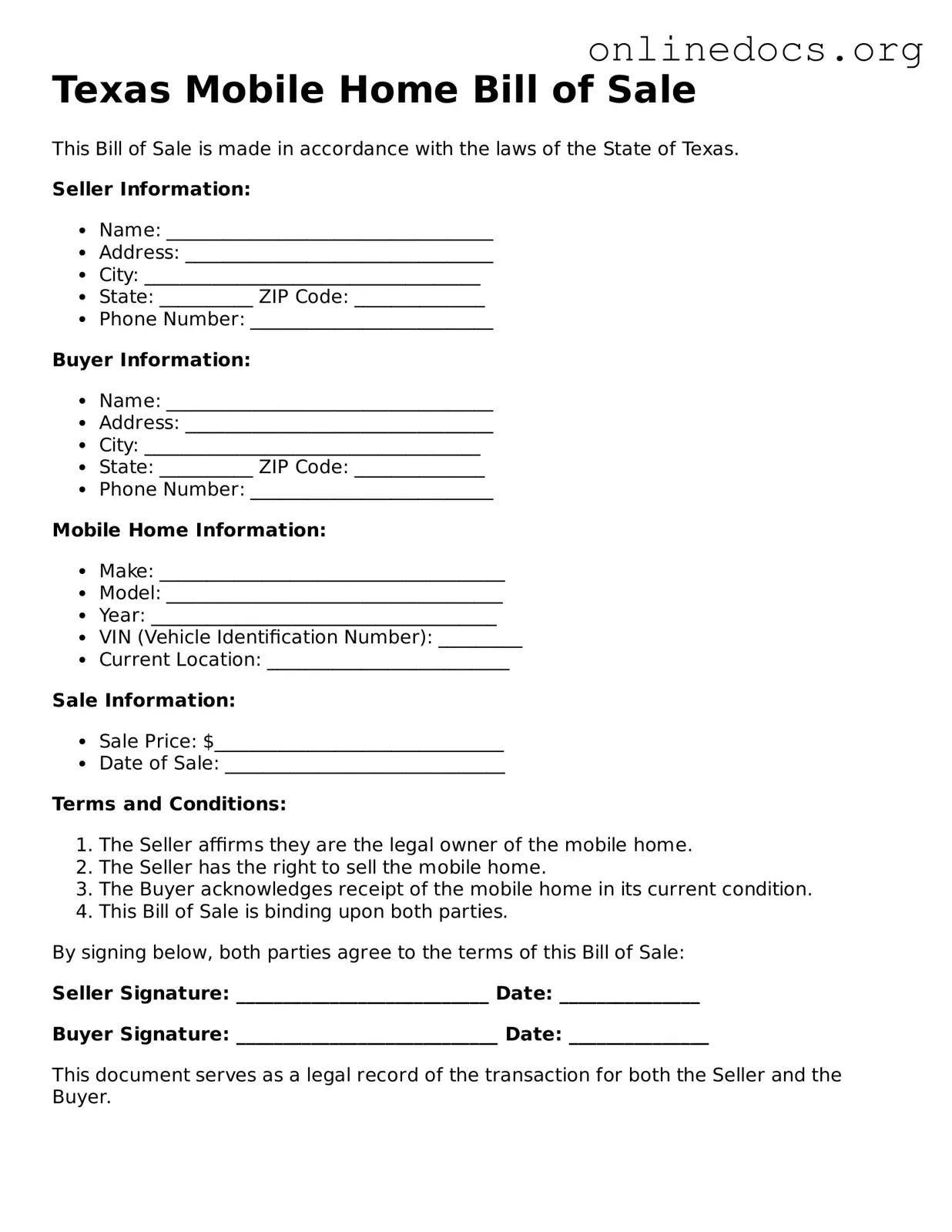 Fillable  Mobile Home Bill of Sale Form for Texas