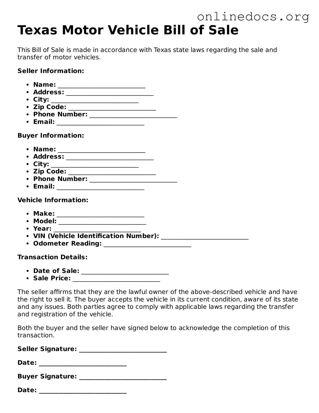 Fillable  Motor Vehicle Bill of Sale Form for Texas