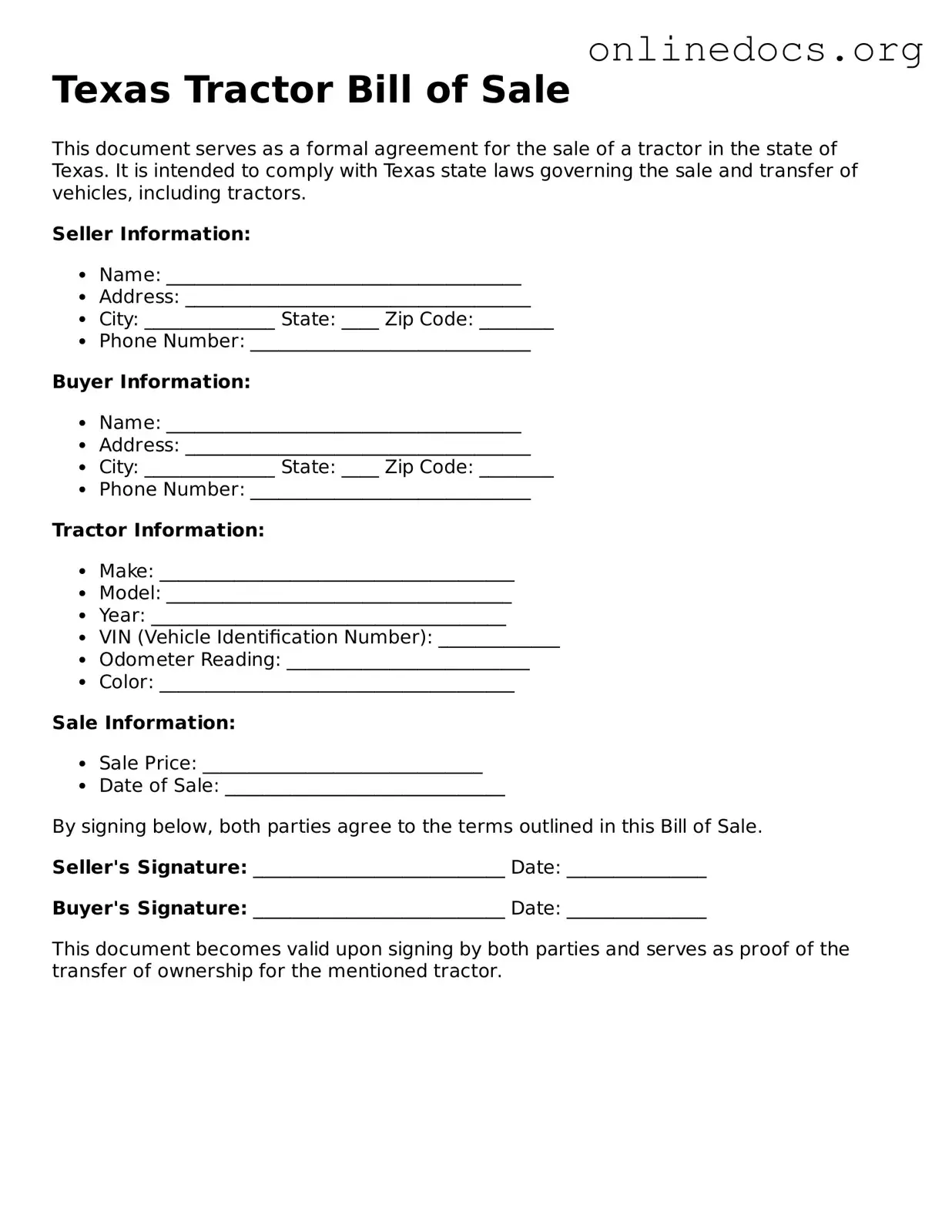 Fillable  Tractor Bill of Sale Form for Texas