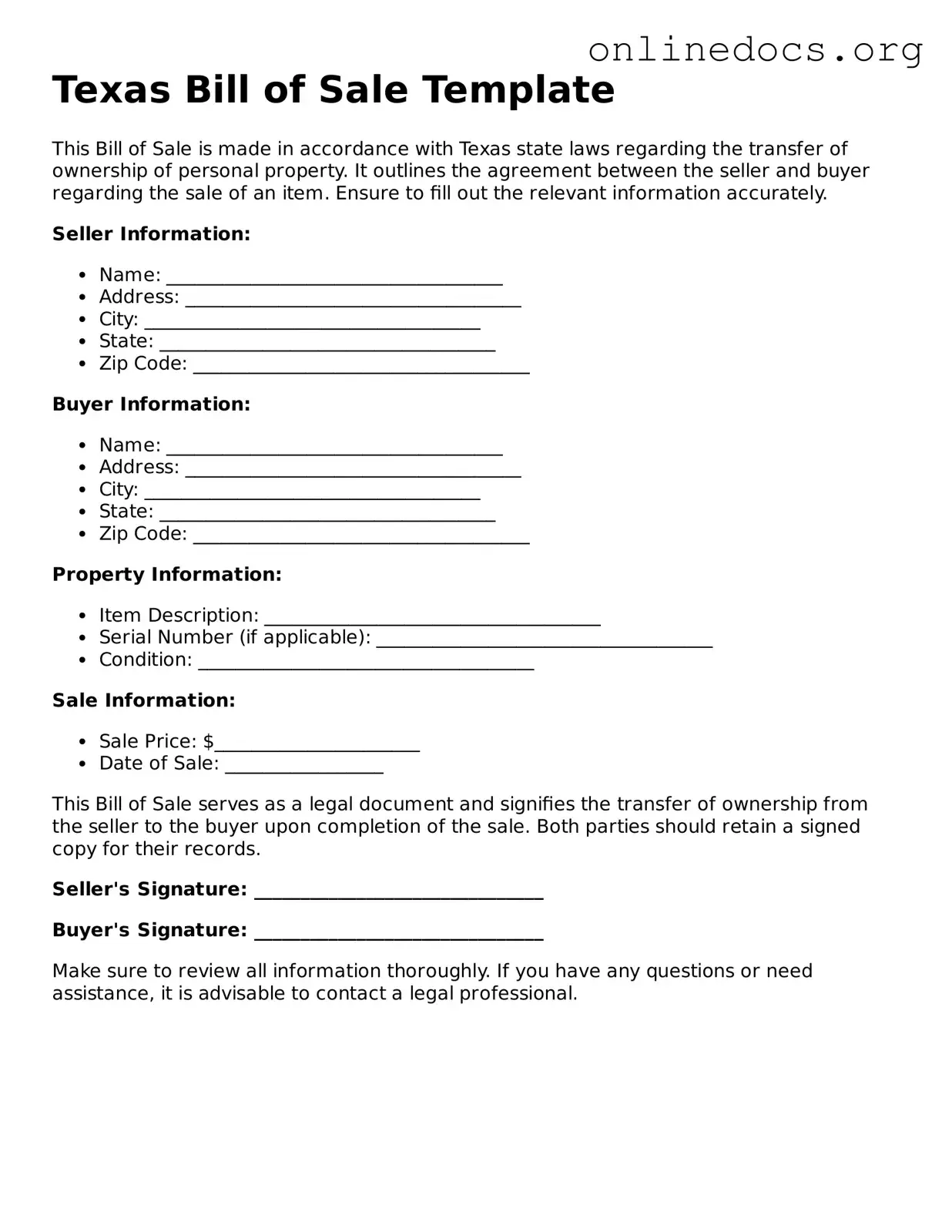 Fillable  Bill of Sale Form for Texas