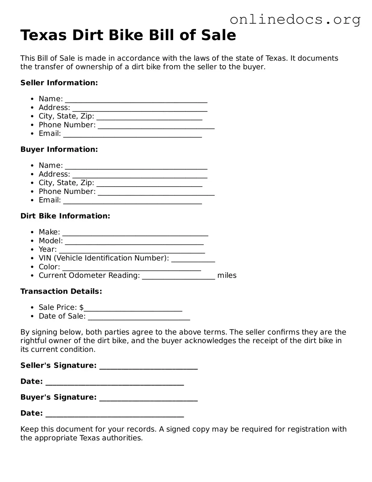 Fillable  Dirt Bike Bill of Sale Form for Texas