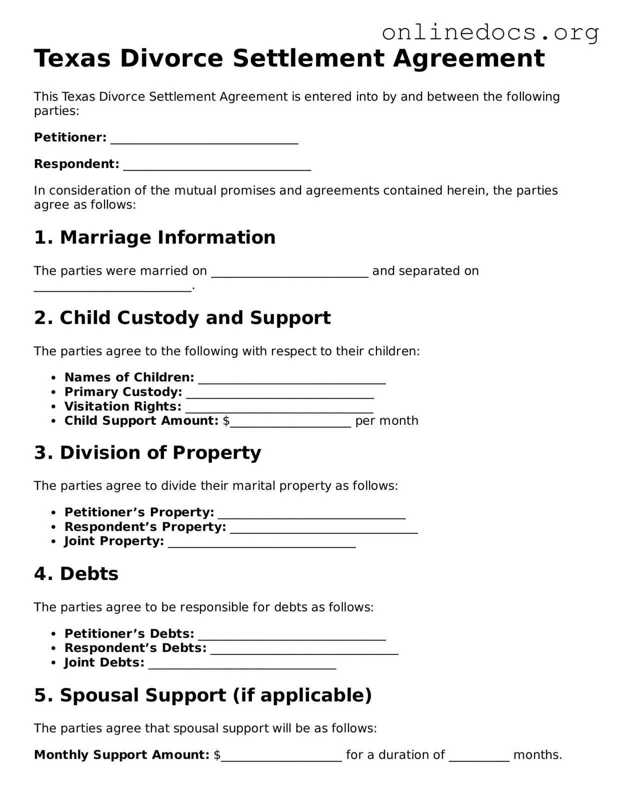 Fillable  Divorce Settlement Agreement Form for Texas
