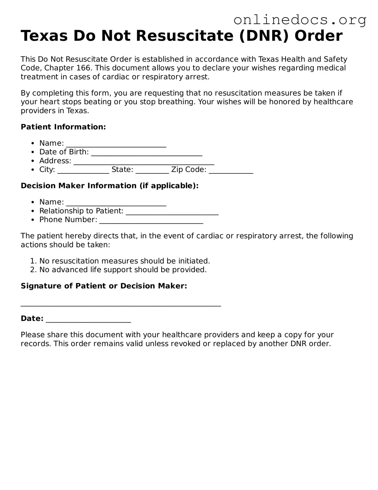 Fillable  Do Not Resuscitate Order Form for Texas