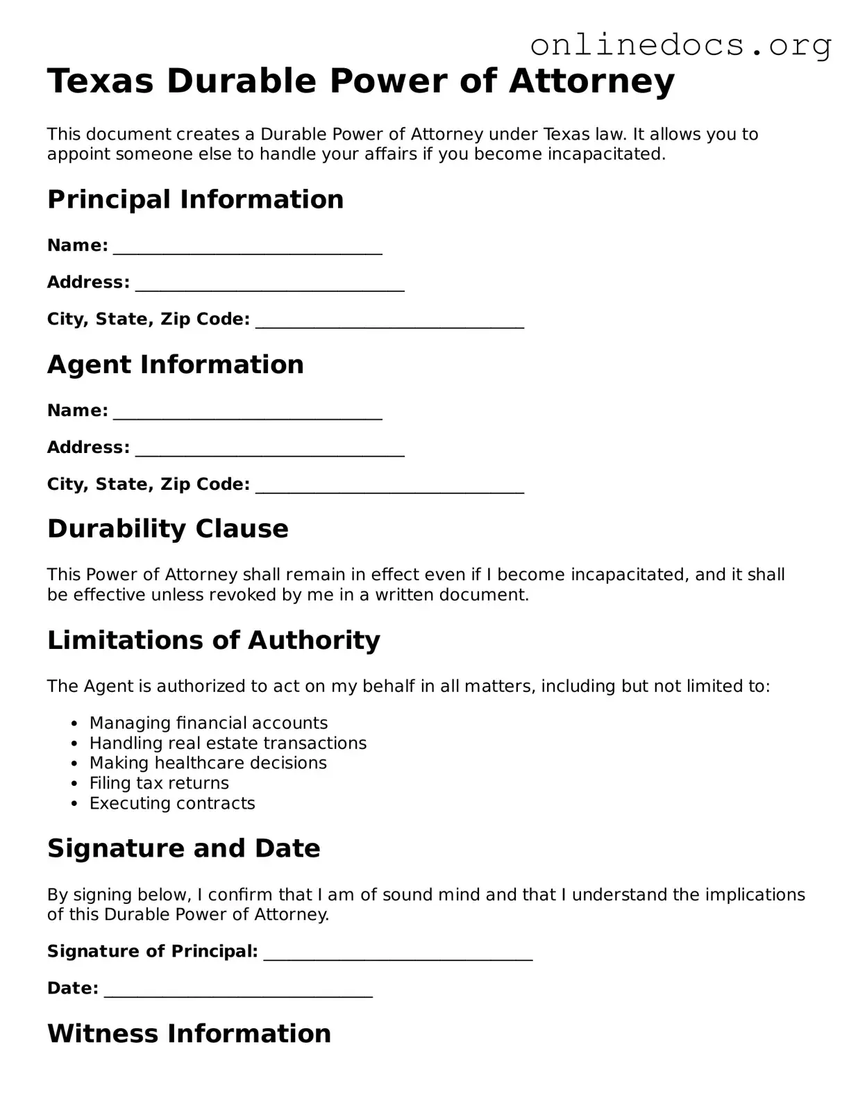 Fillable  Durable Power of Attorney Form for Texas