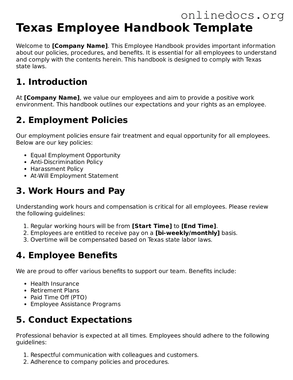Fillable  Employee Handbook Form for Texas