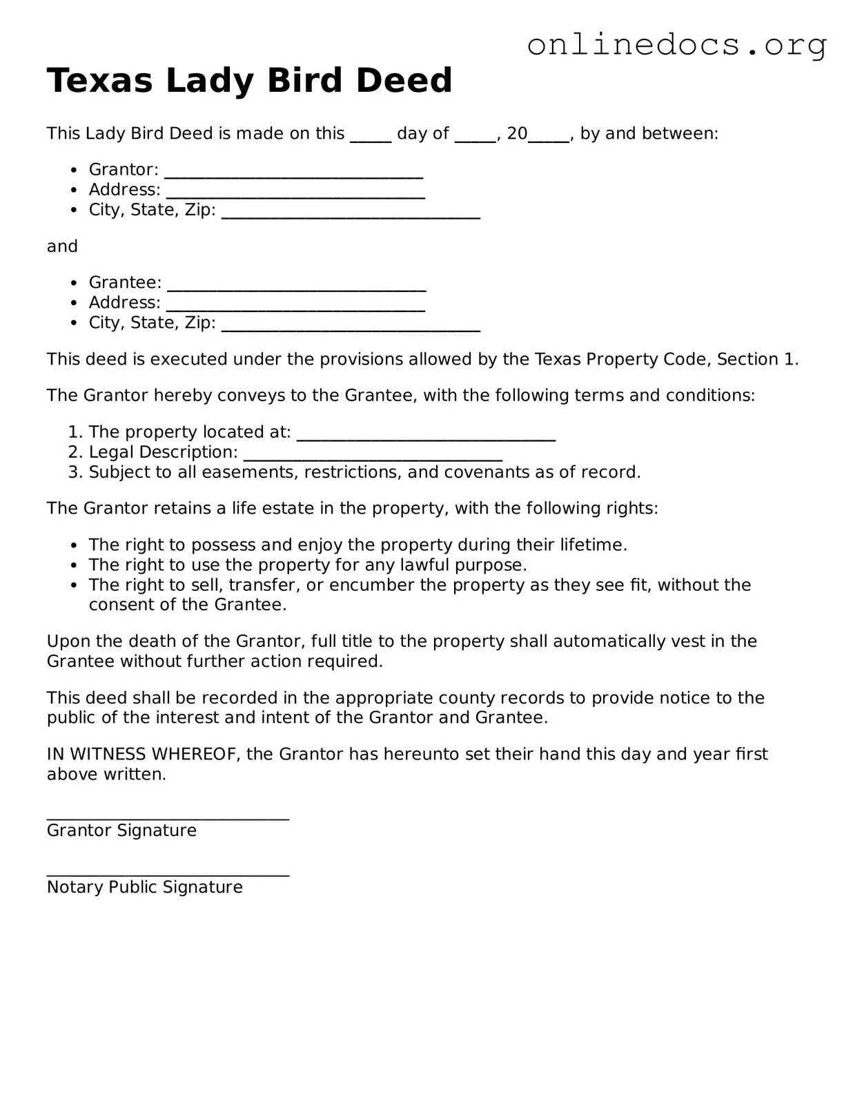 Fillable  Lady Bird Deed Form for Texas