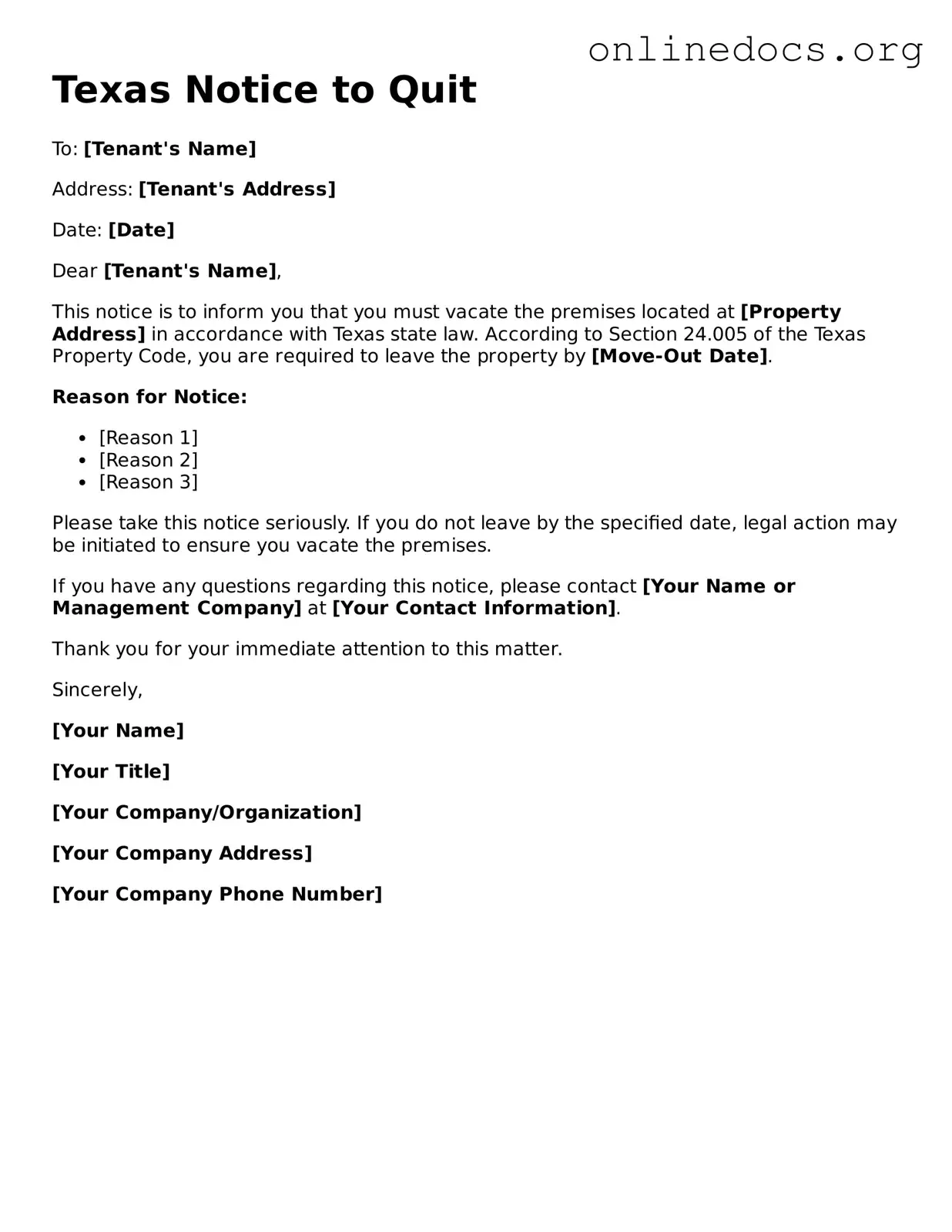 Fillable  Notice to Quit Form for Texas