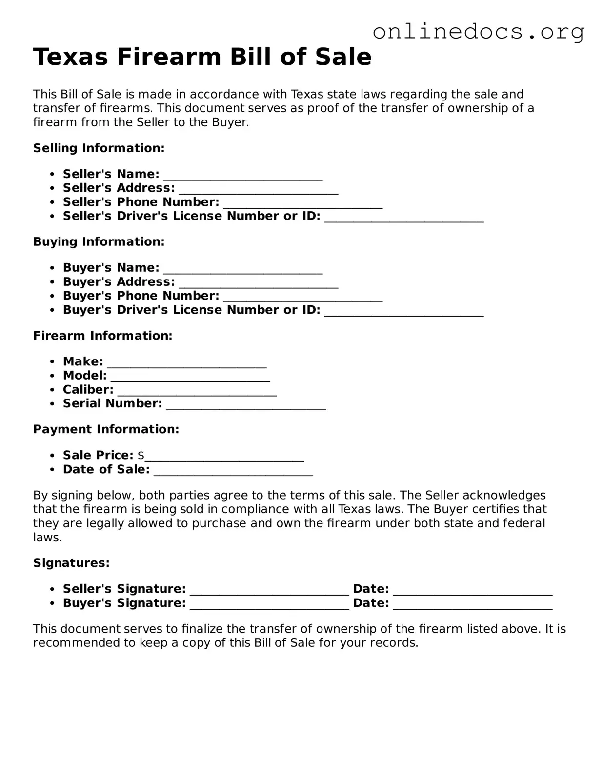 Fillable  Firearm Bill of Sale Form for Texas