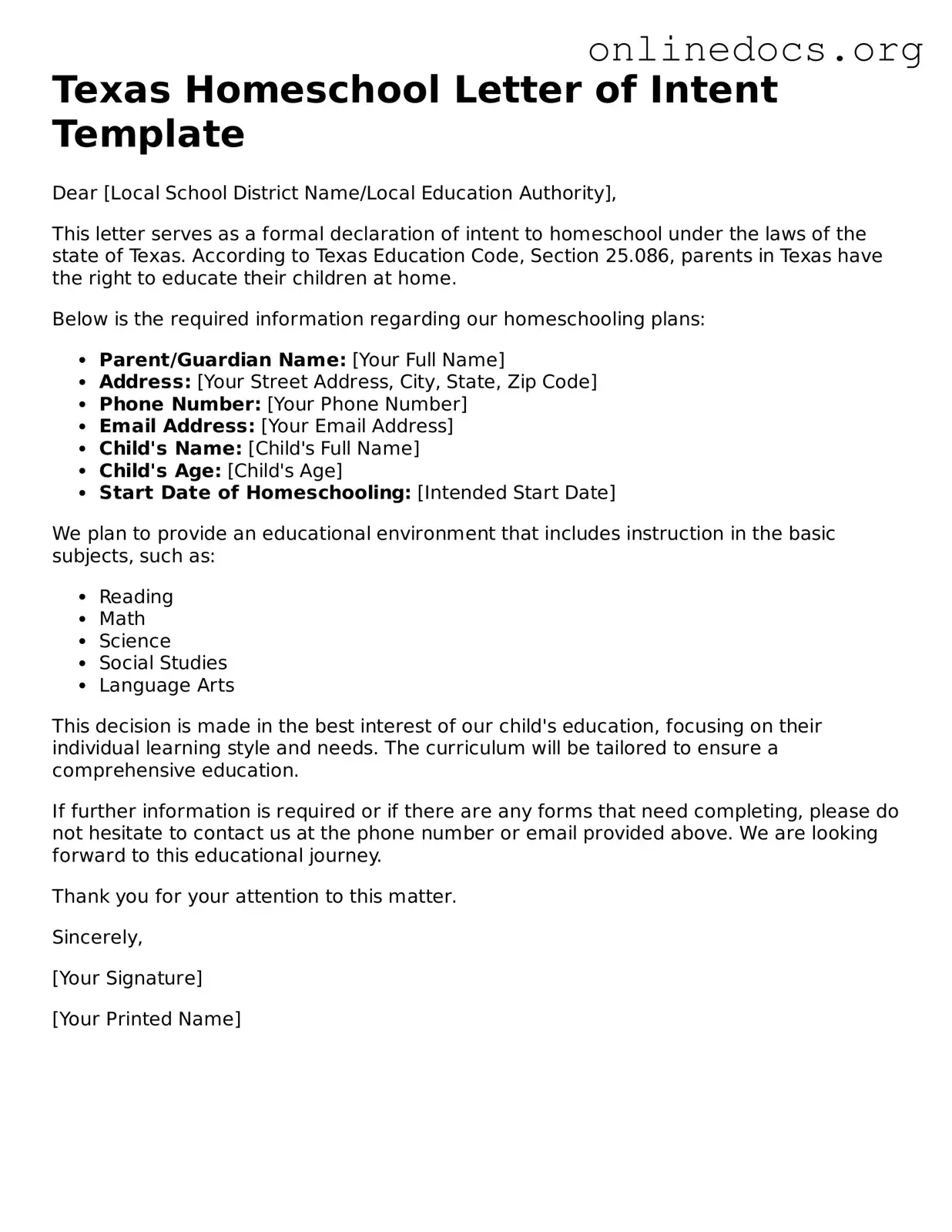 Fillable  Homeschool Letter of Intent Form for Texas