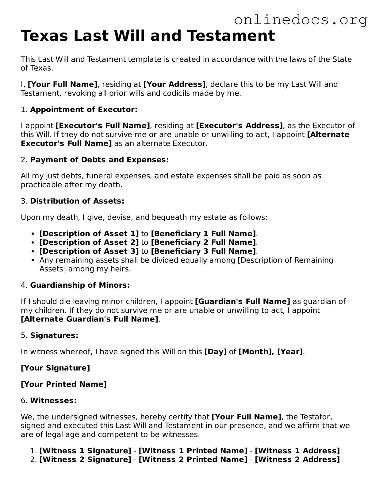 Fillable  Last Will and Testament Form for Texas