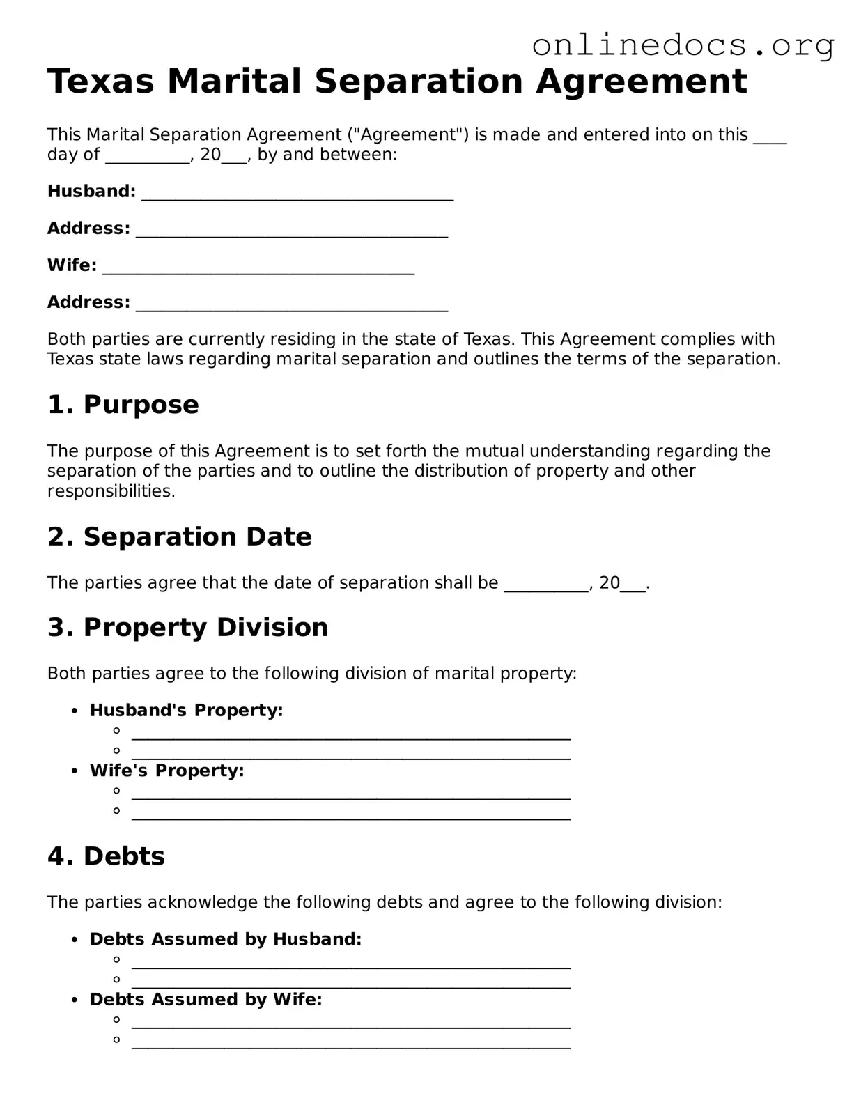 Fillable  Marital Separation Agreement Form for Texas