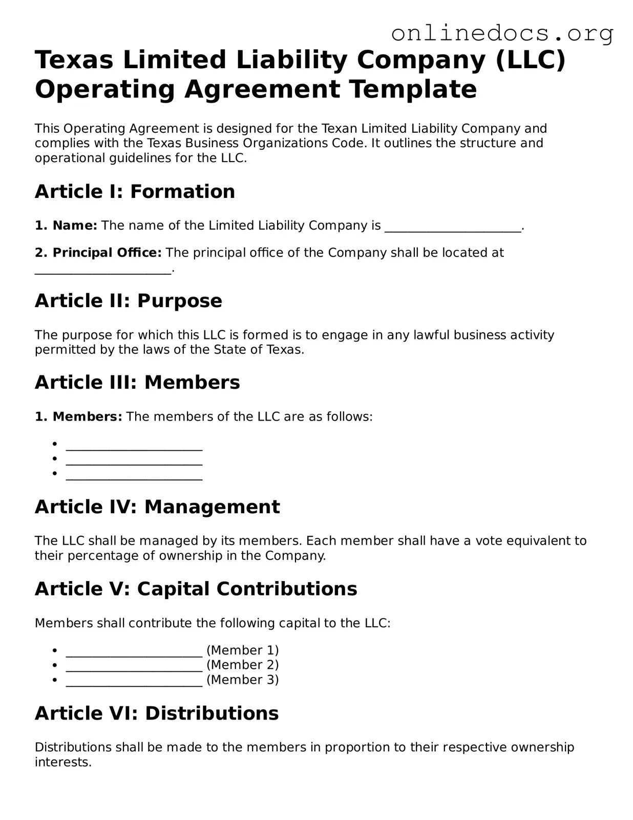 Fillable  Operating Agreement Form for Texas