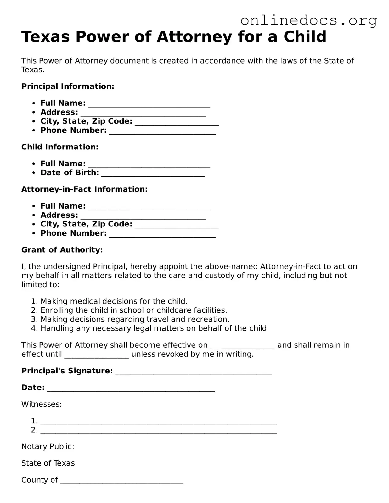 Fillable  Power of Attorney for a Child Form for Texas