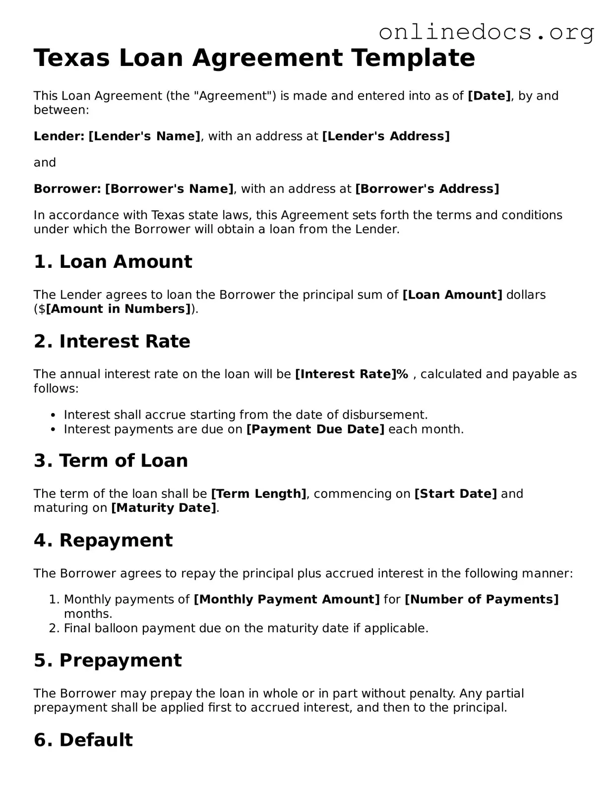 Fillable  Loan Agreement Form for Texas