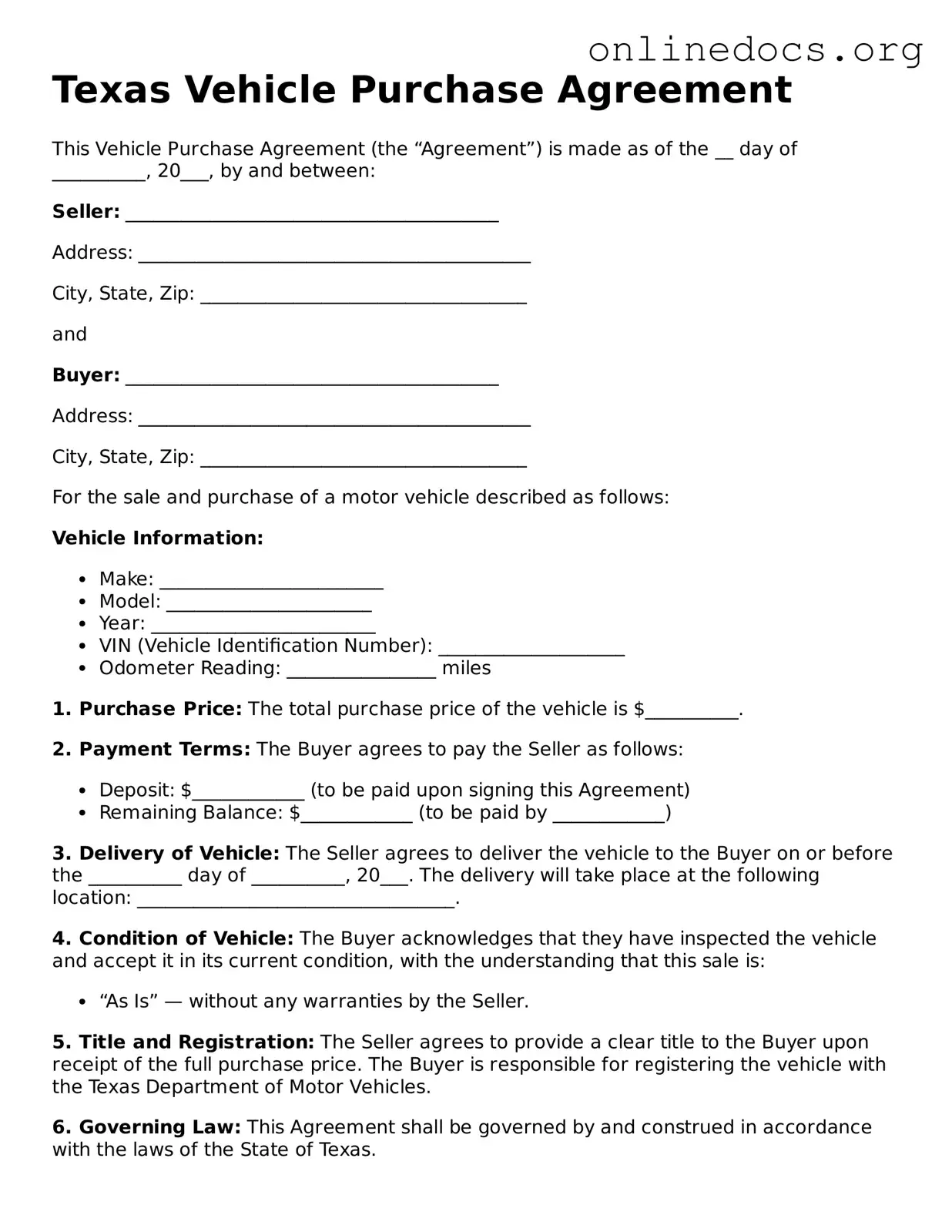 Fillable  Vehicle Purchase Agreement Form for Texas