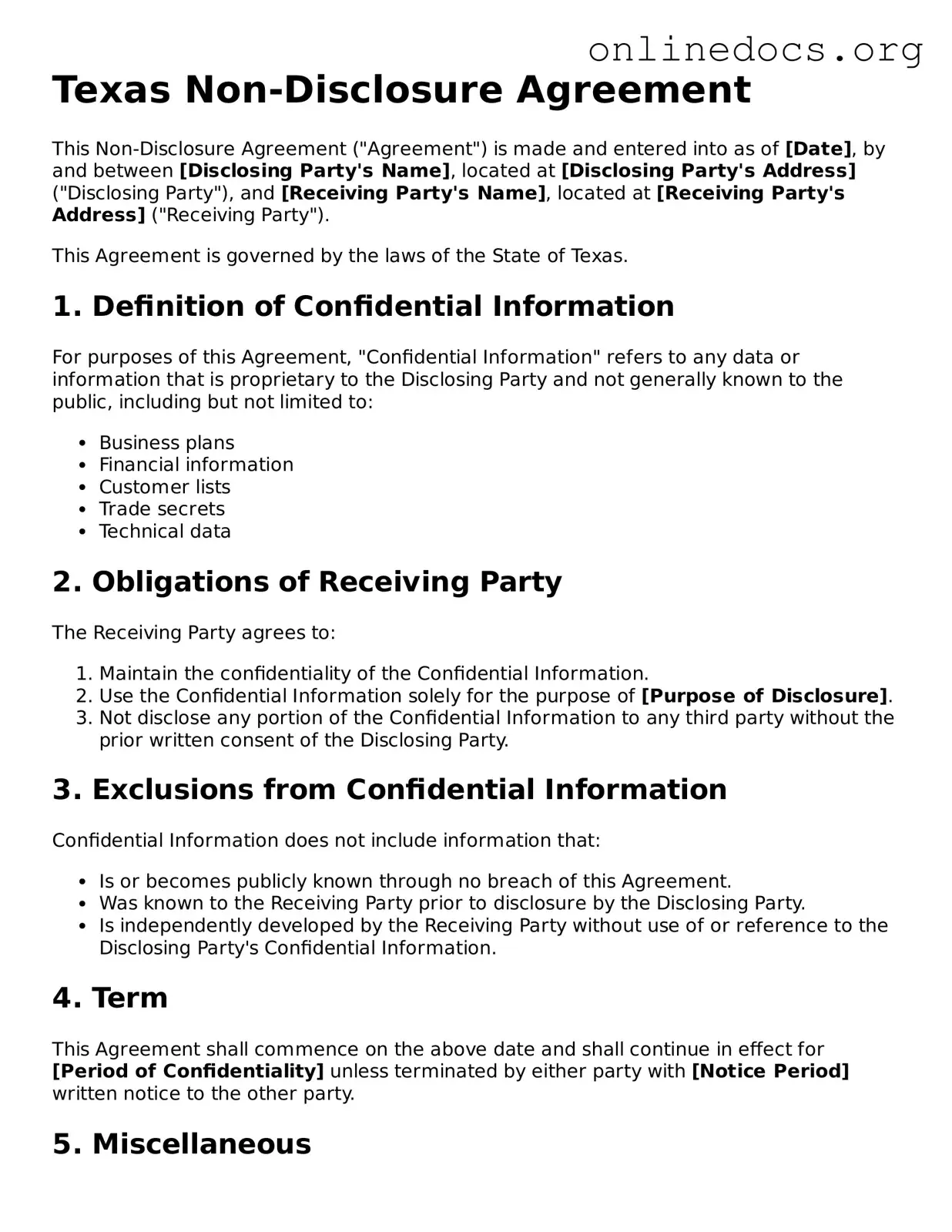 Fillable  Non-disclosure Agreement Form for Texas