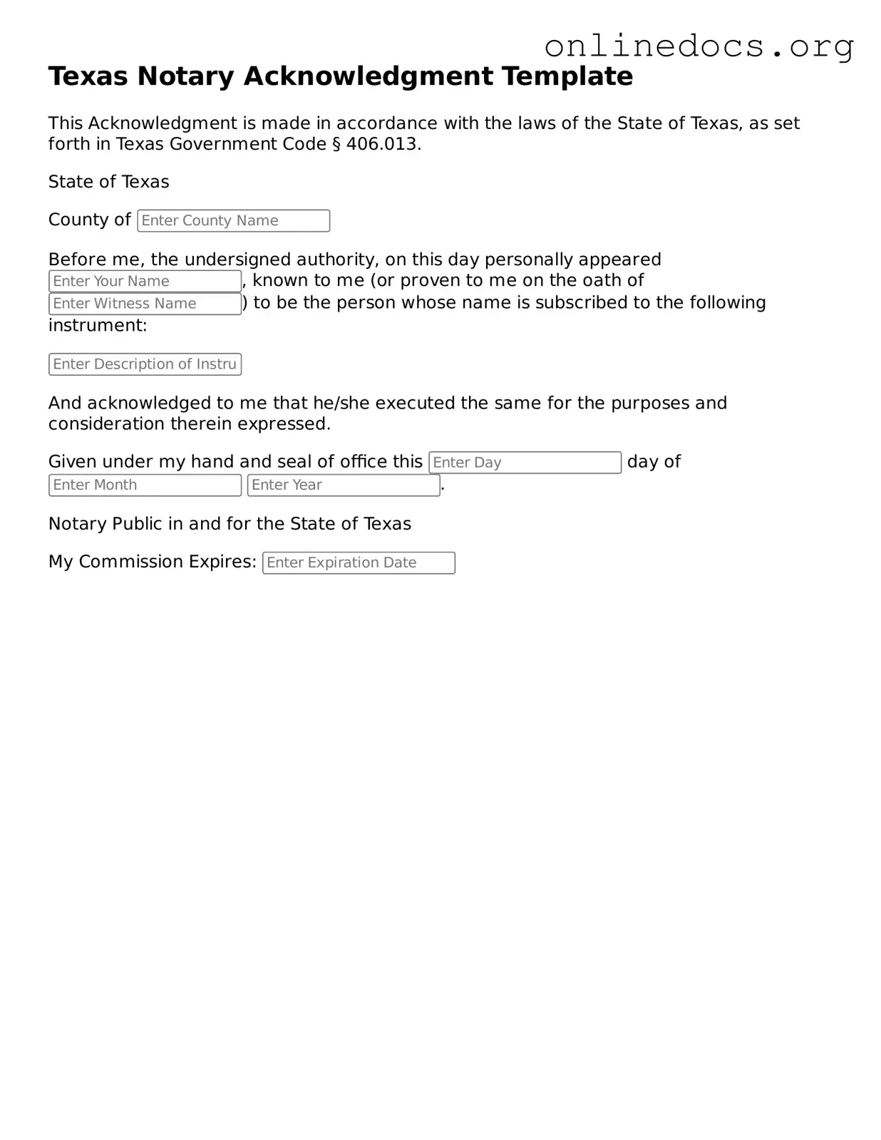 Fillable  Notary Acknowledgement Form for Texas