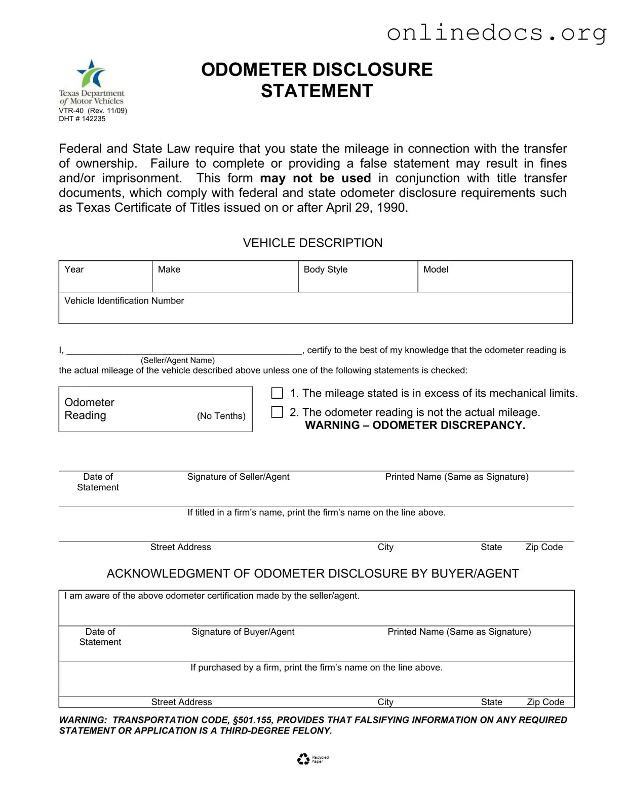 Texas Odometer Statement PDF Form