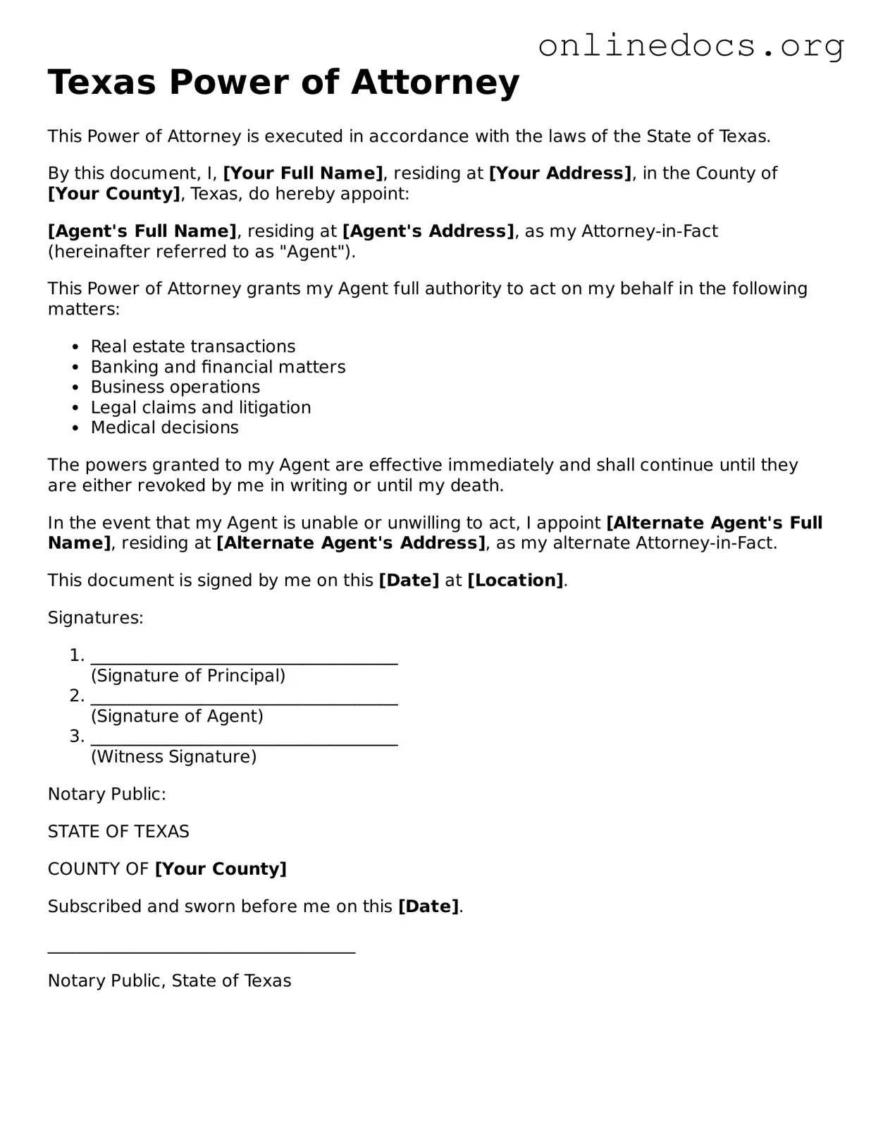 Fillable  Power of Attorney Form for Texas