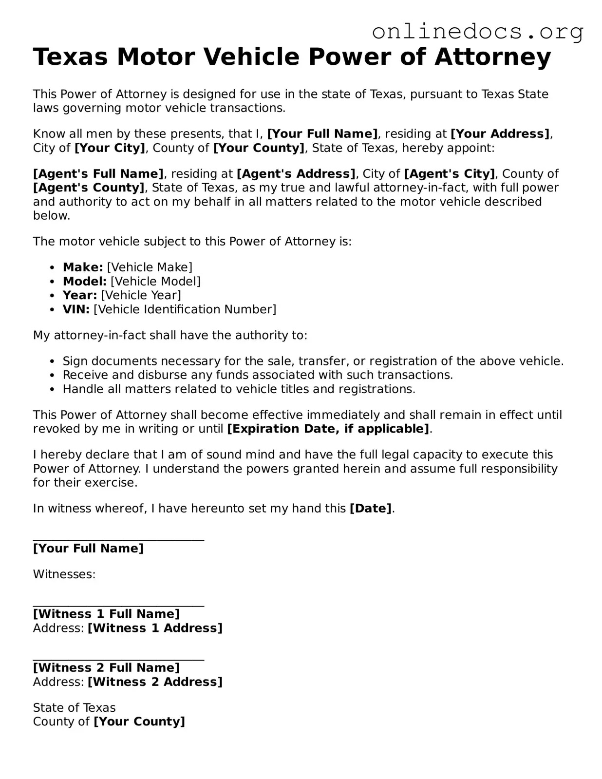 Fillable  Motor Vehicle Power of Attorney Form for Texas