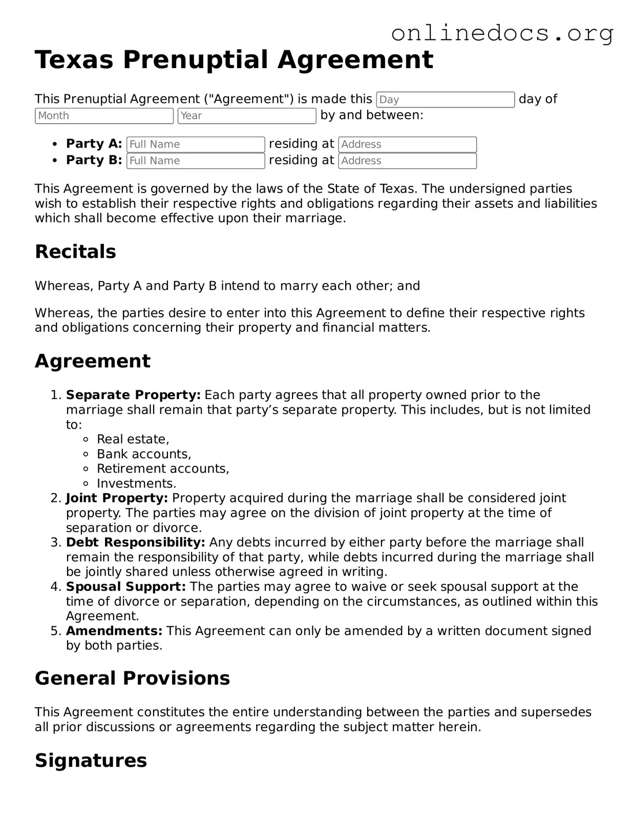 Fillable  Prenuptial Agreement Form for Texas