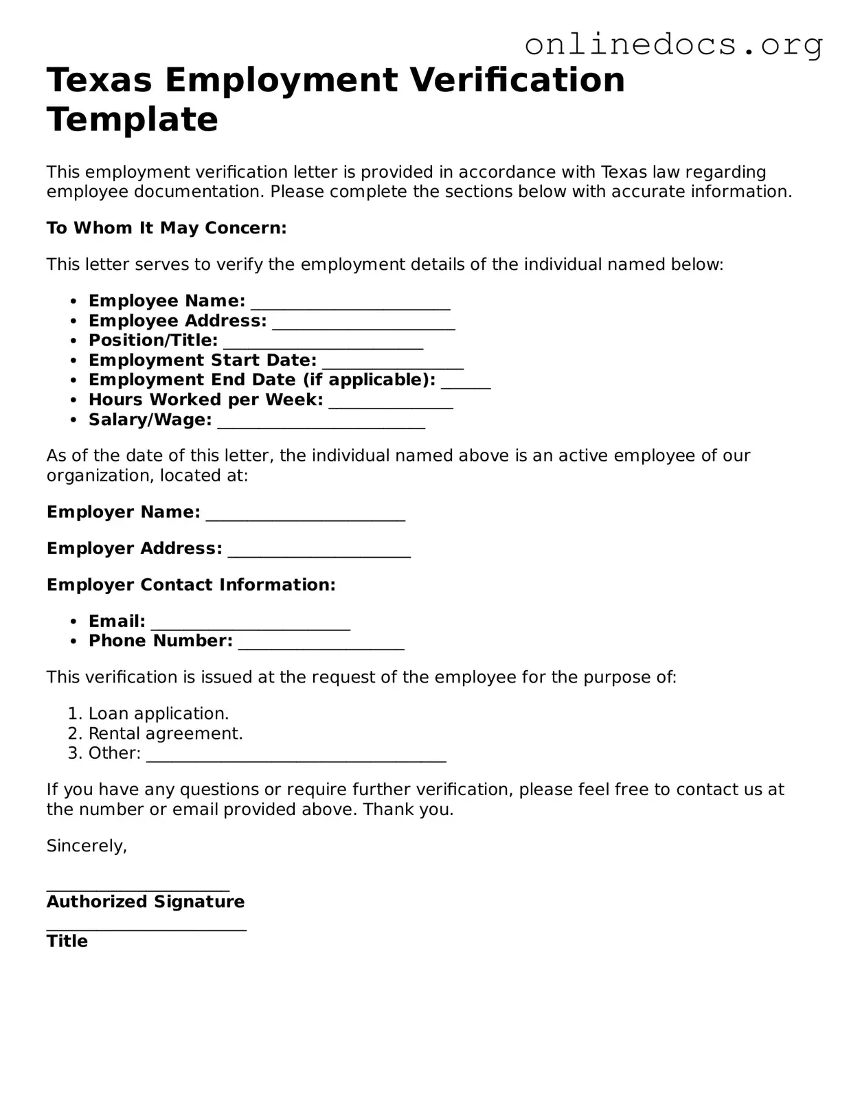 Fillable  Employment Verification Form for Texas