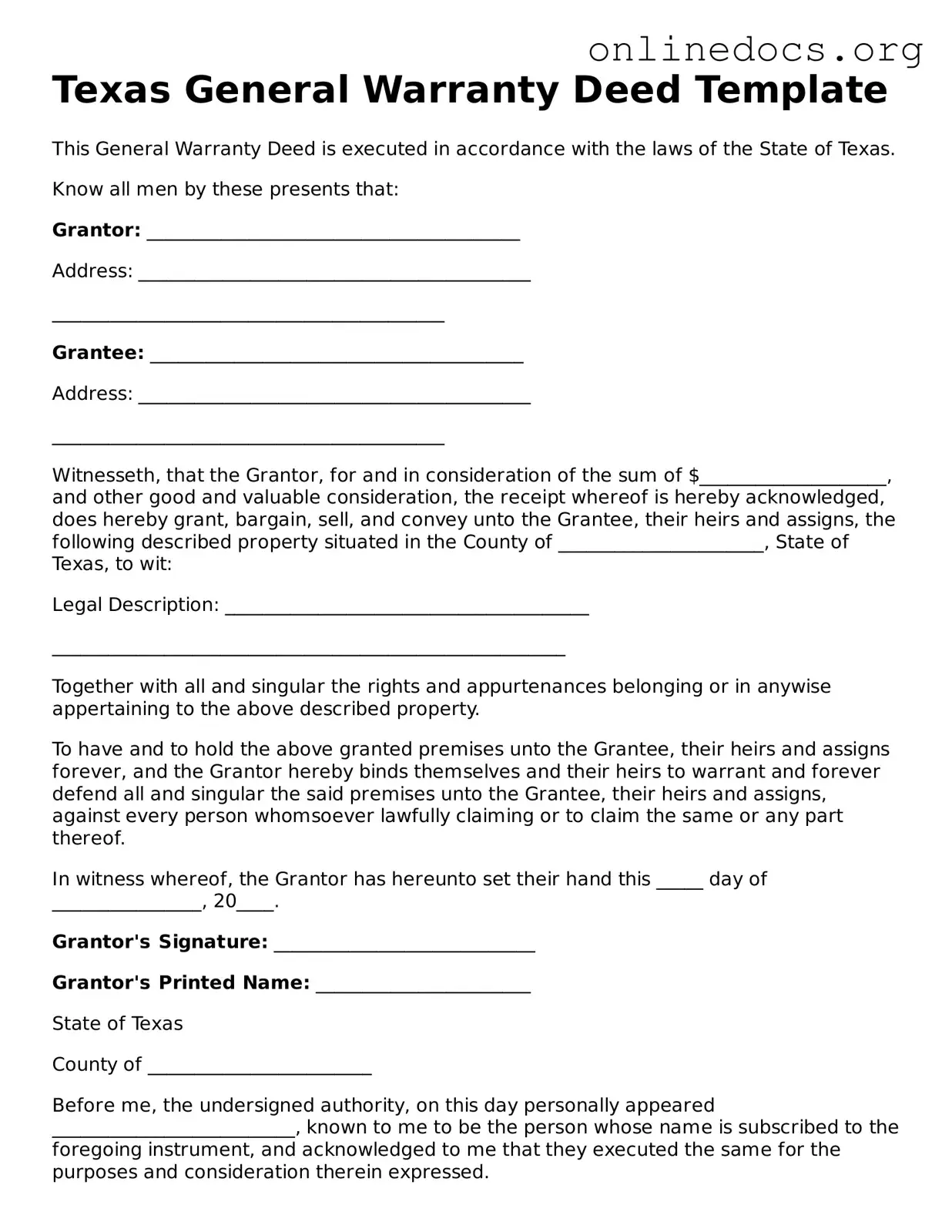Fillable  Deed Form for Texas