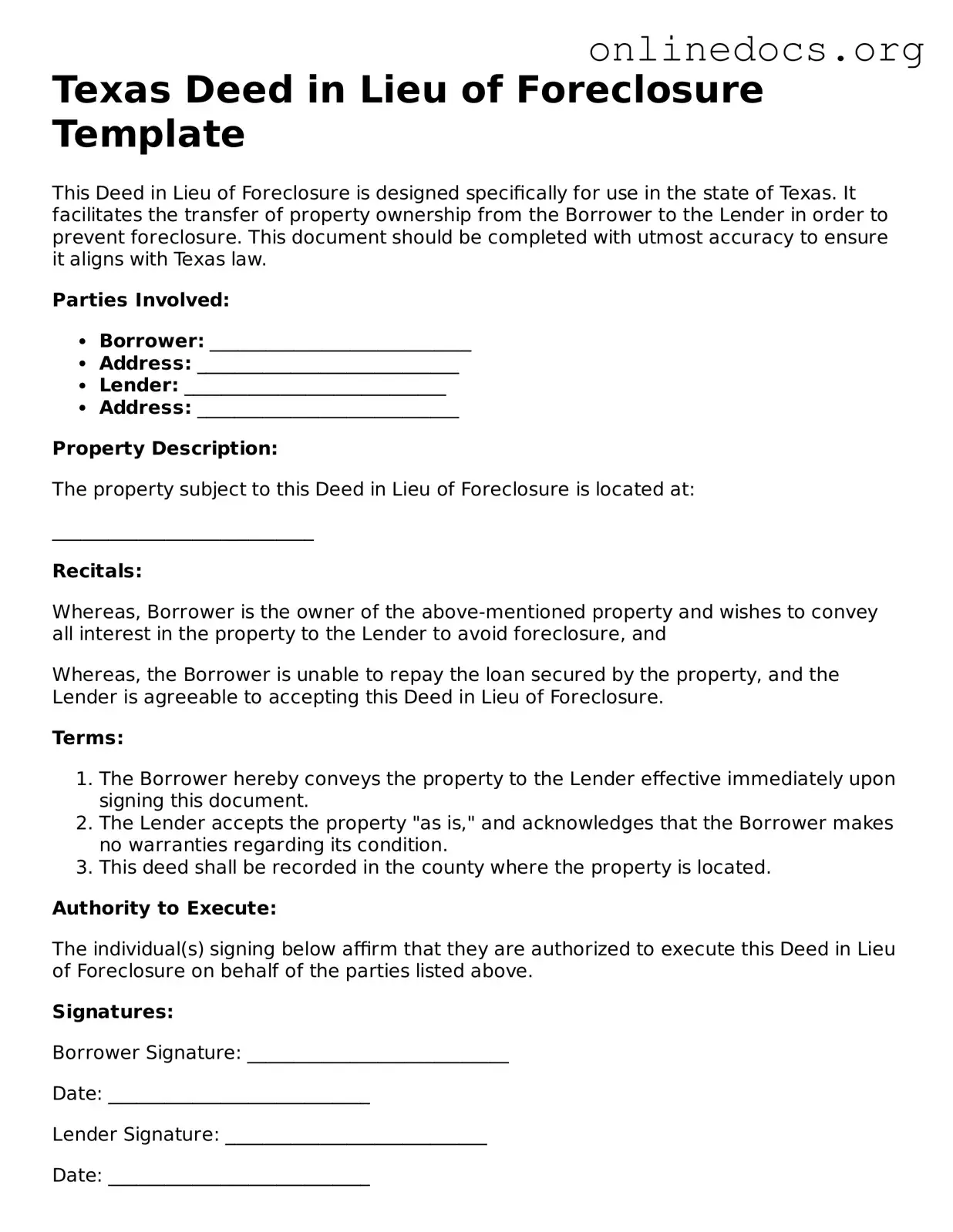 Fillable  Deed in Lieu of Foreclosure Form for Texas