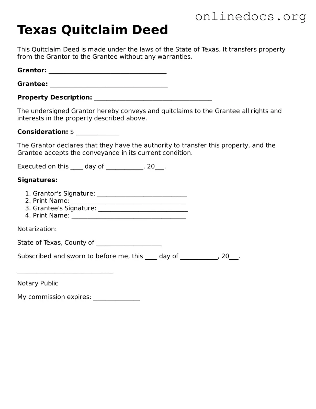 Fillable  Quitclaim Deed Form for Texas