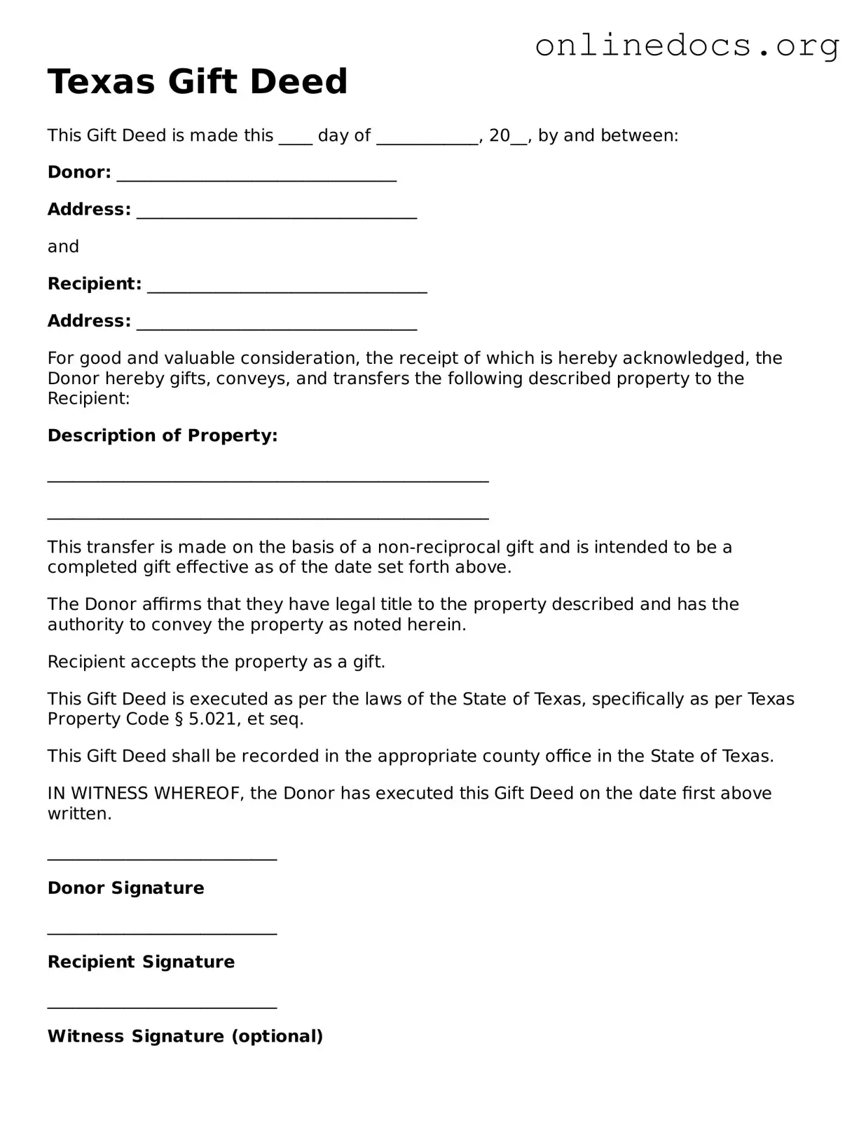 Fillable  Gift Deed Form for Texas