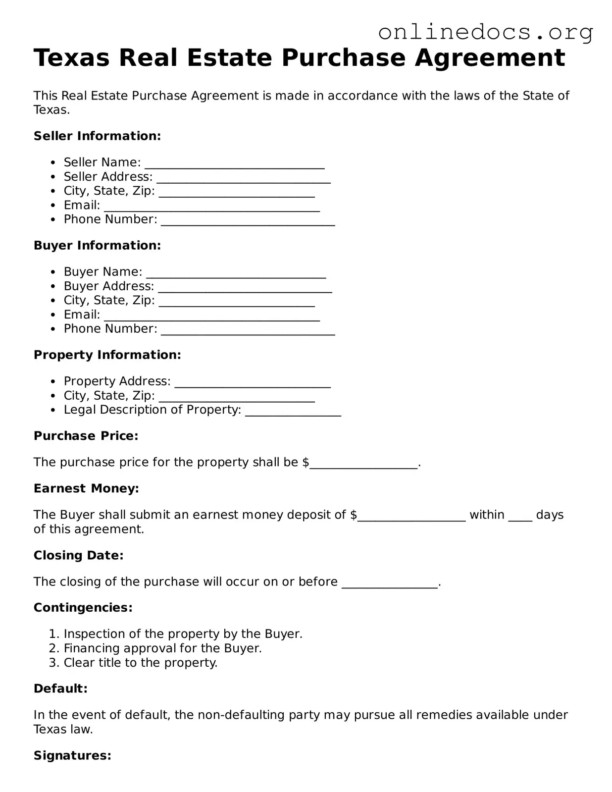 Fillable  Real Estate Purchase Agreement Form for Texas