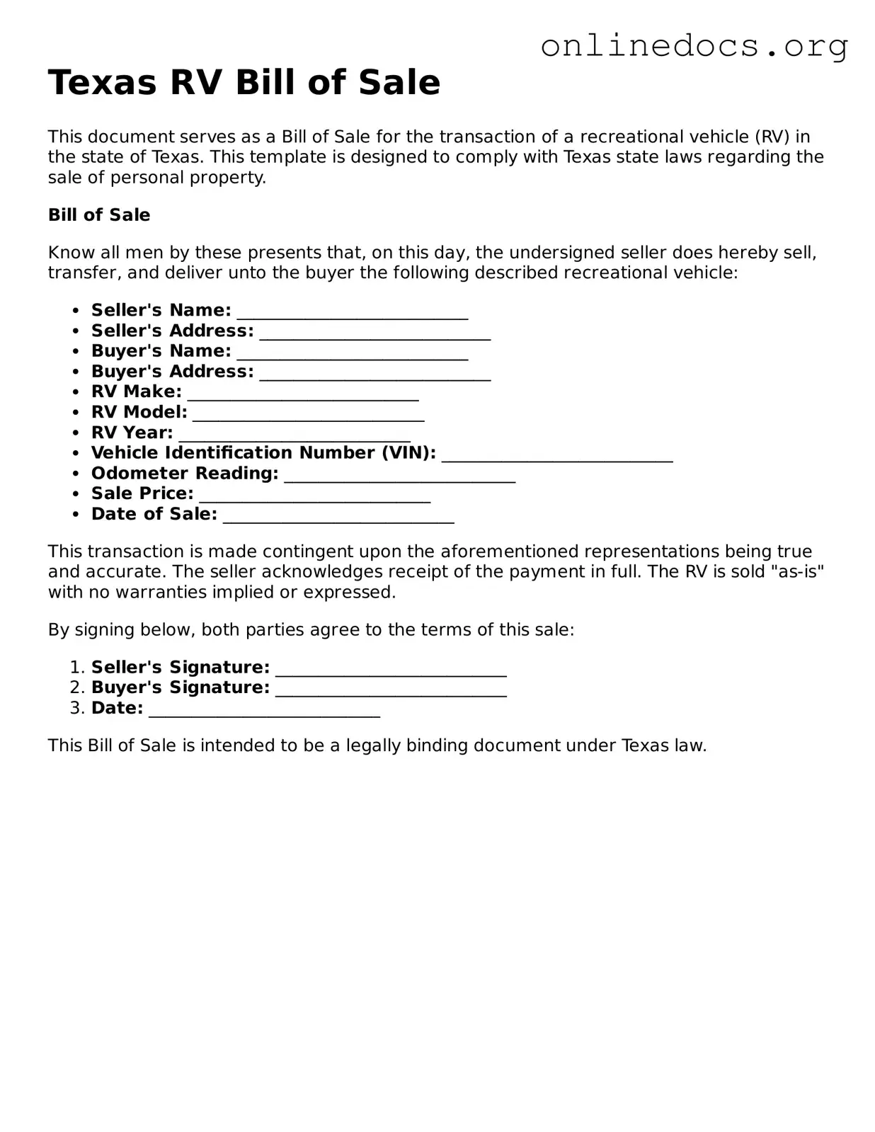 Fillable  RV Bill of Sale Form for Texas