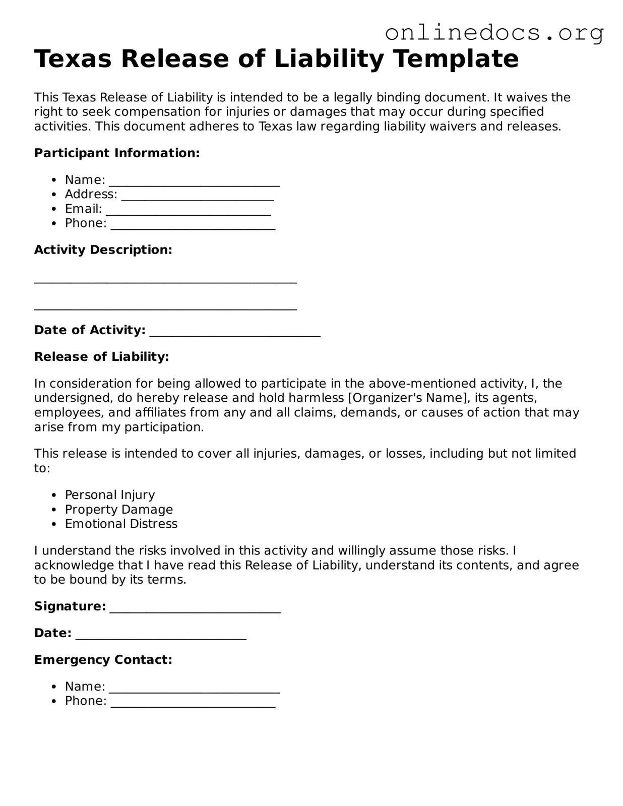 Fillable  Release of Liability Form for Texas