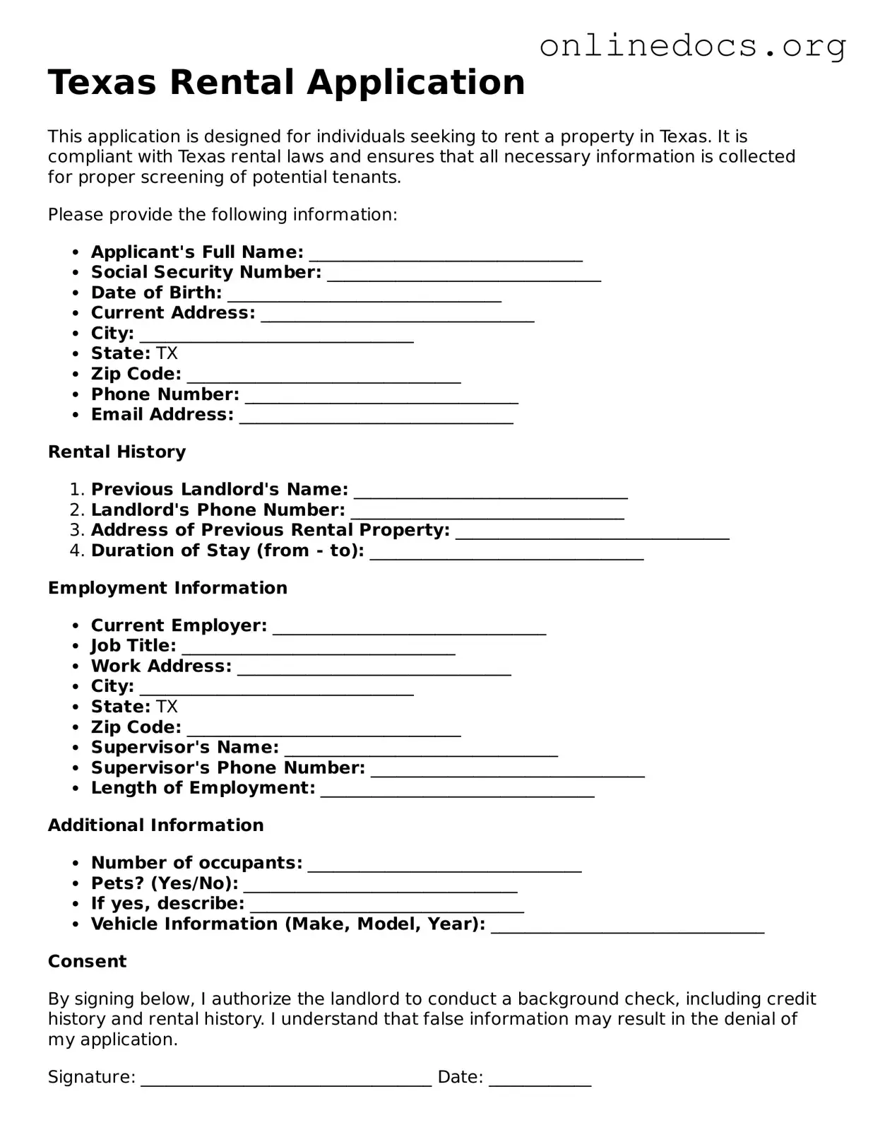 Fillable  Rental Application Form for Texas