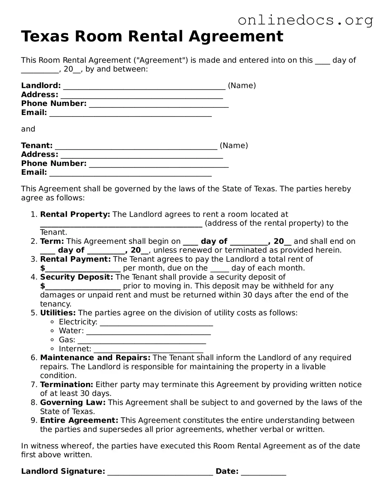 Fillable  Room Rental Agreement Form for Texas