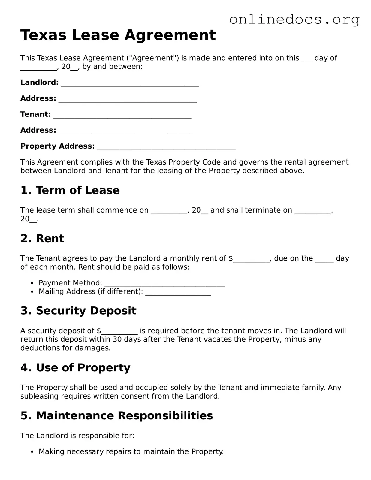 Fillable  Lease Agreement Form for Texas