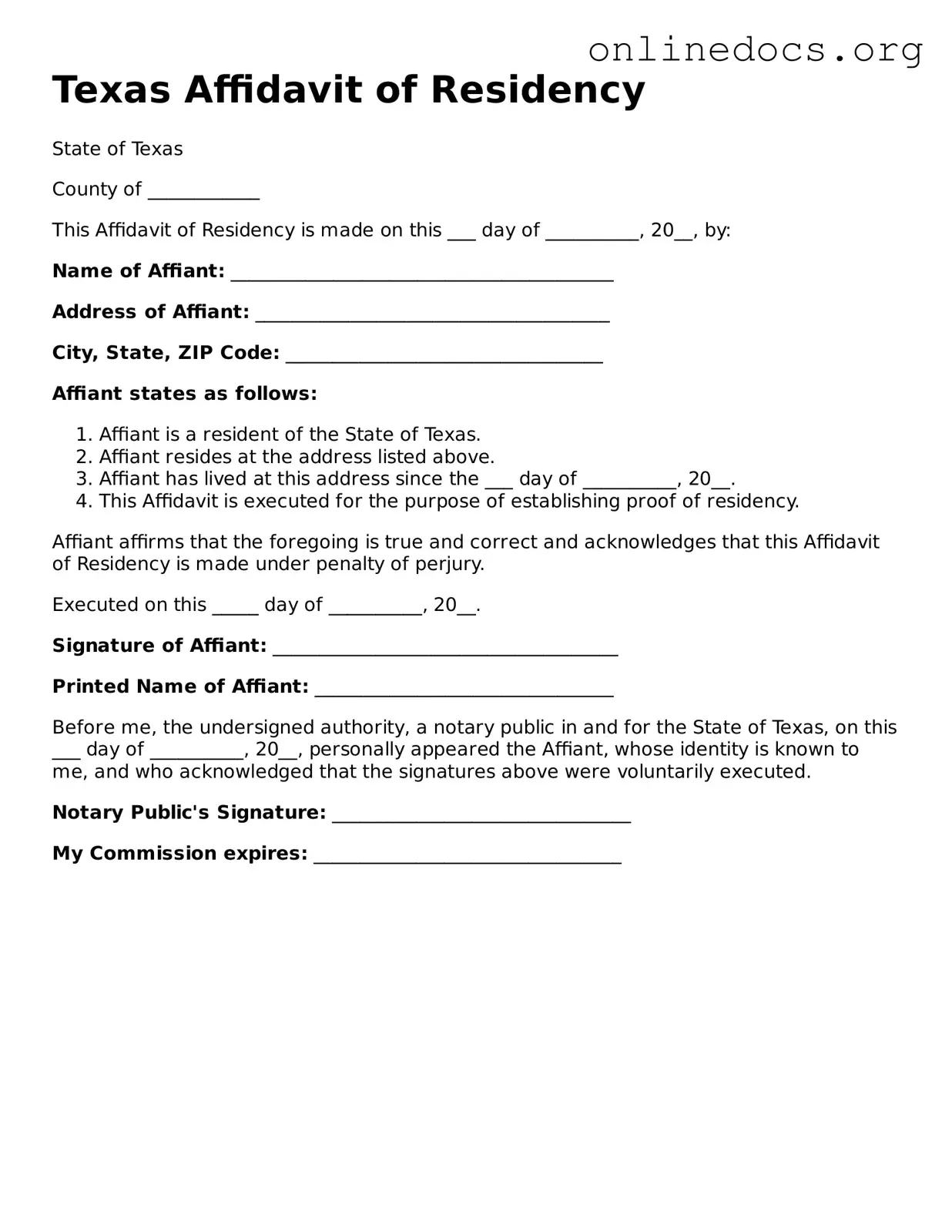 Fillable  Affidavit of Residency Form for Texas
